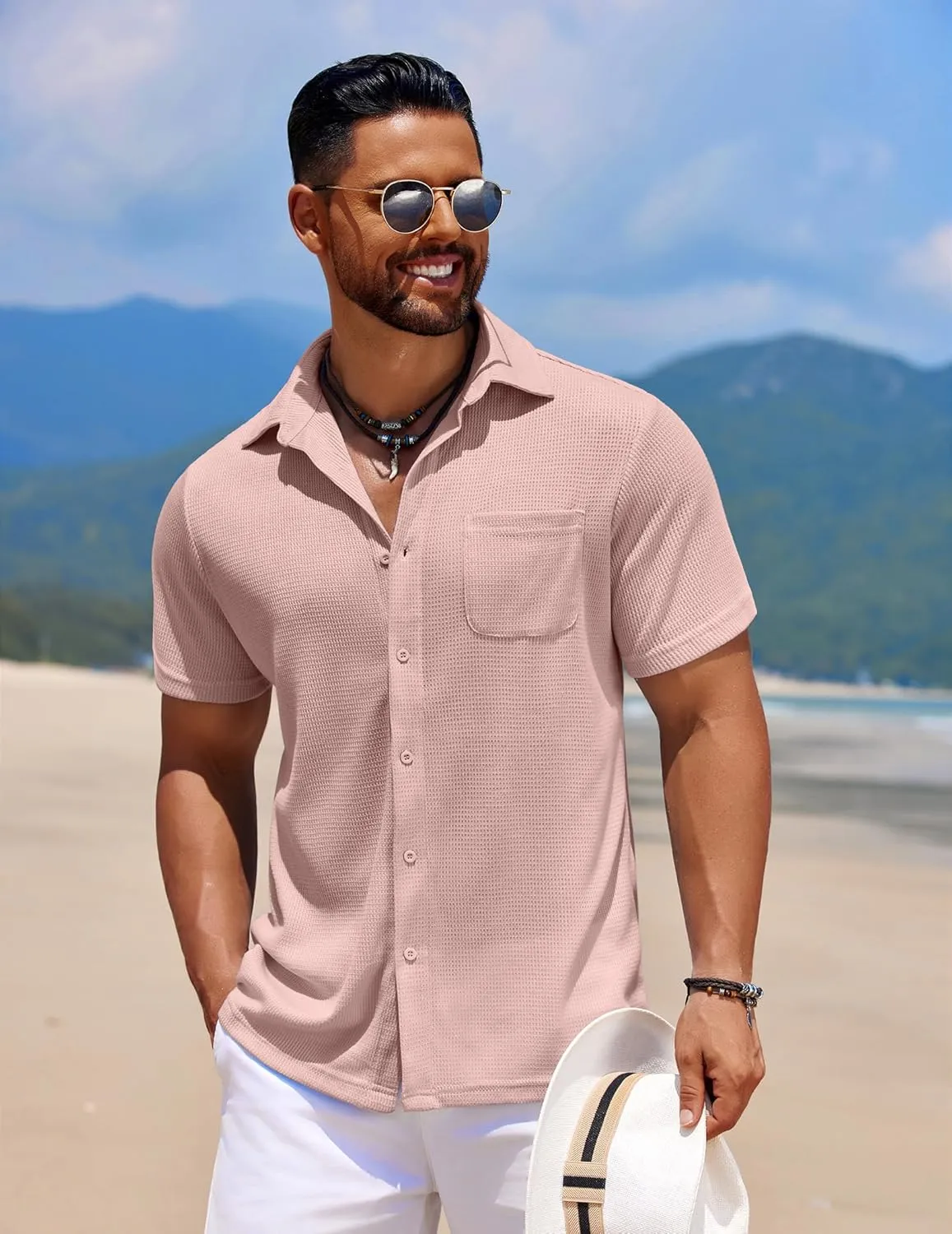 COOFANDY Men's Knit Button Down Shirts Casual Short Sleeve Polo Shirt Summer Beach Shirts with Pocket