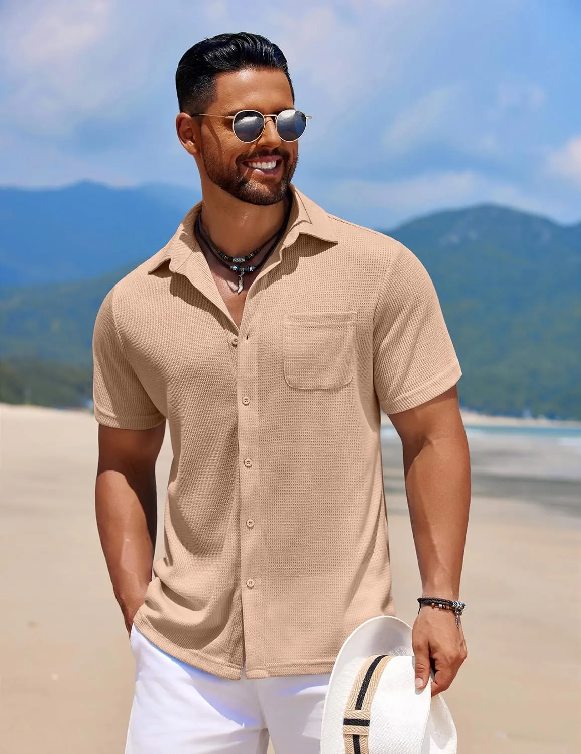COOFANDY Men's Knit Button Down Shirts Casual Short Sleeve Polo Shirt Summer Beach Shirts with Pocket