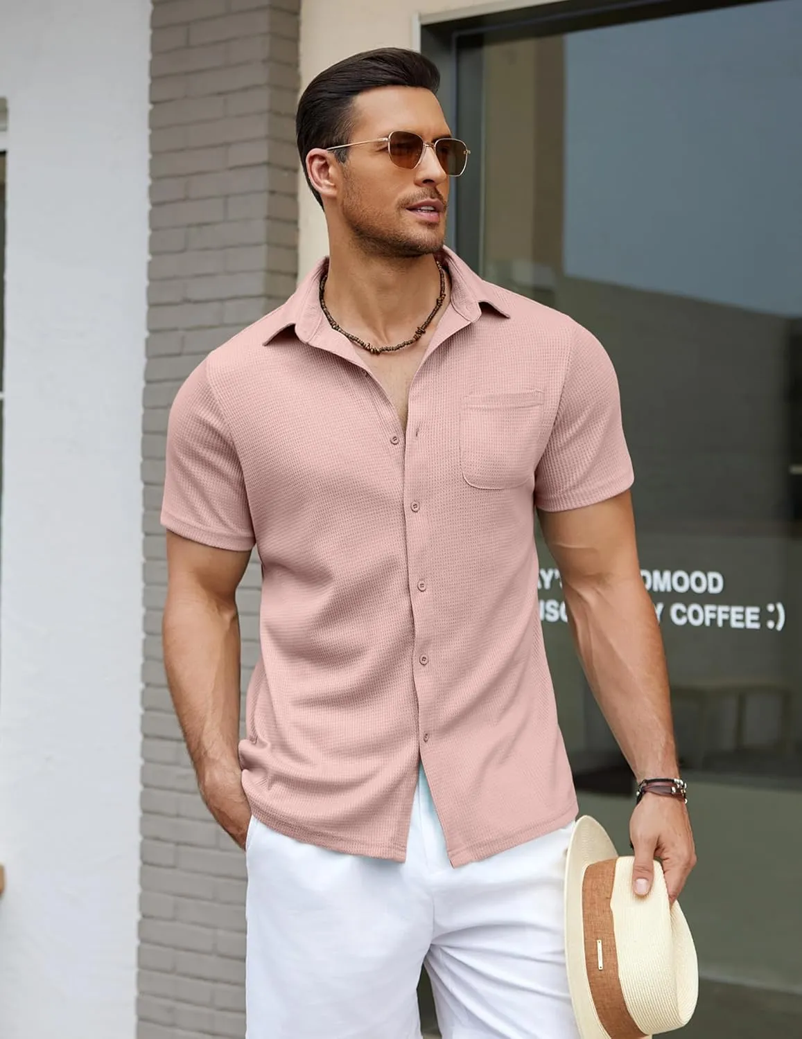 COOFANDY Men's Knit Button Down Shirts Casual Short Sleeve Polo Shirt Summer Beach Shirts with Pocket