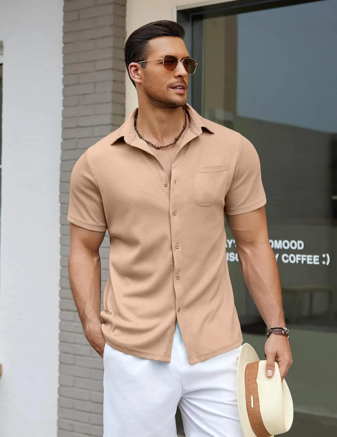 COOFANDY Men's Knit Button Down Shirts Casual Short Sleeve Polo Shirt Summer Beach Shirts with Pocket