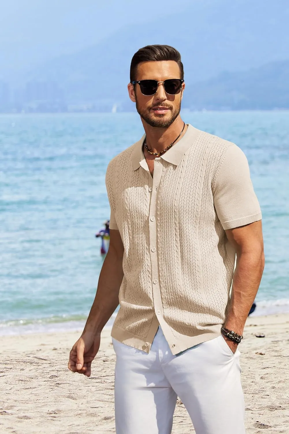 COOFANDY Mens Knit Polo Shirts Short Sleeve Button Down Shirts Casual Crochet Shirt Summer Vintage Polo
