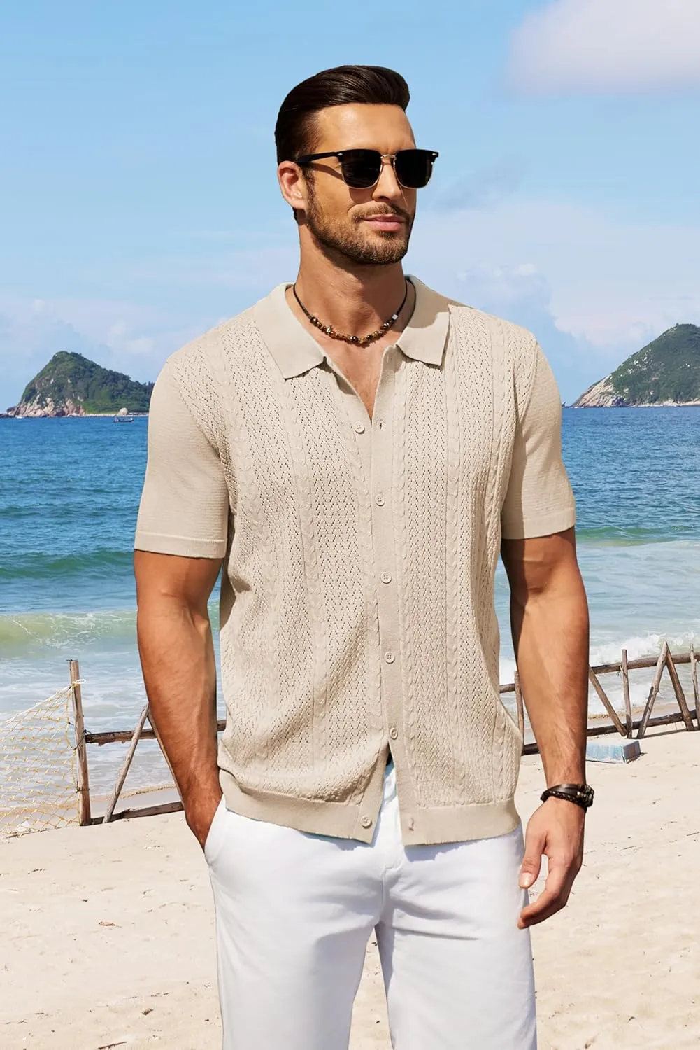 COOFANDY Mens Knit Polo Shirts Short Sleeve Button Down Shirts Casual Crochet Shirt Summer Vintage Polo