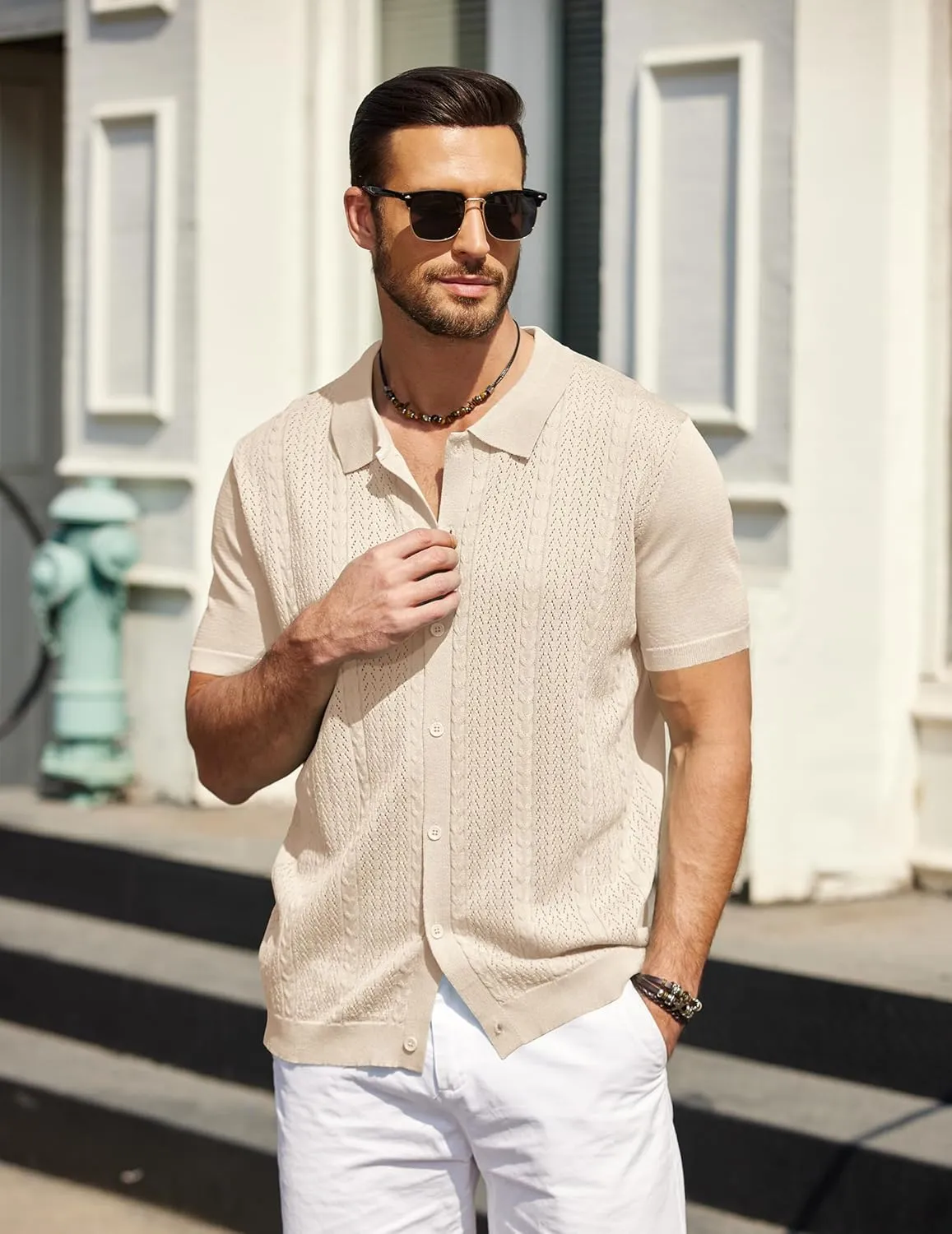 COOFANDY Mens Knit Polo Shirts Short Sleeve Button Down Shirts Casual Crochet Shirt Summer Vintage Polo