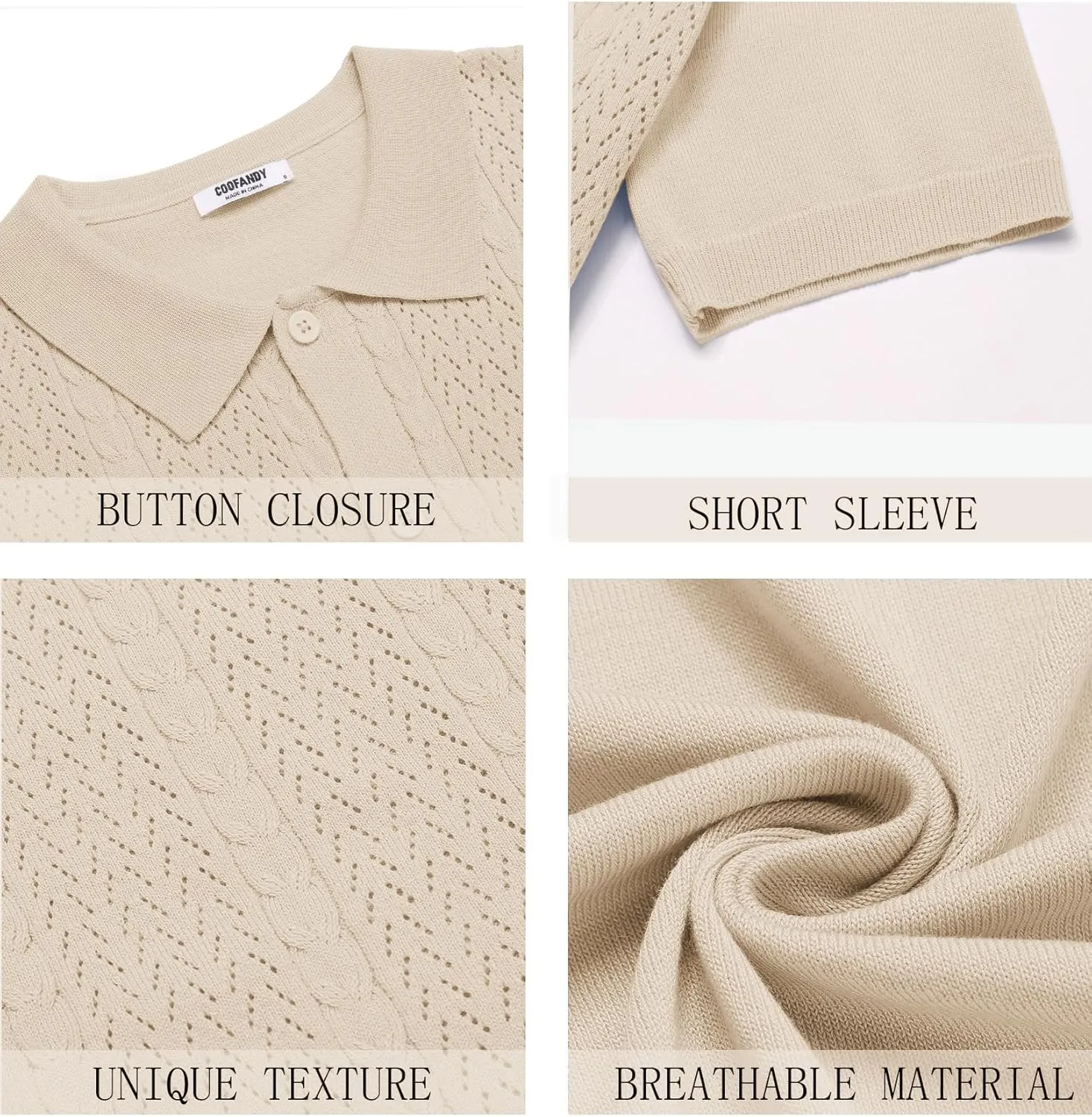 COOFANDY Mens Knit Polo Shirts Short Sleeve Button Down Shirts Casual Crochet Shirt Summer Vintage Polo