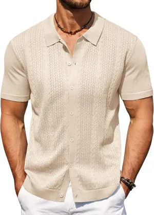 COOFANDY Mens Knit Polo Shirts Short Sleeve Button Down Shirts Casual Crochet Shirt Summer Vintage Polo