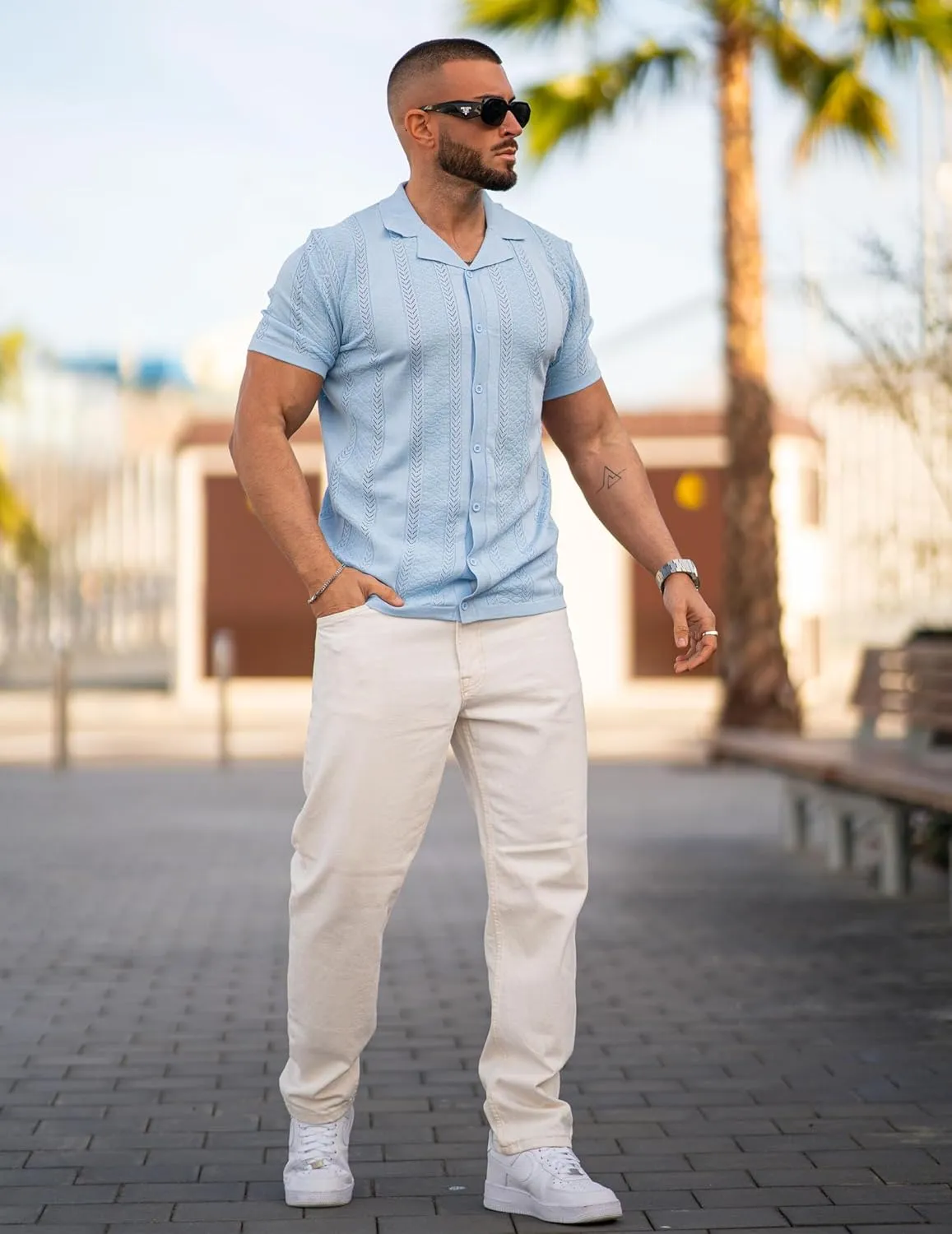 COOFANDY Men's Knit Shirts Vintage Short Sleeve Button Down Shirt Casual Summer Beach Shirt