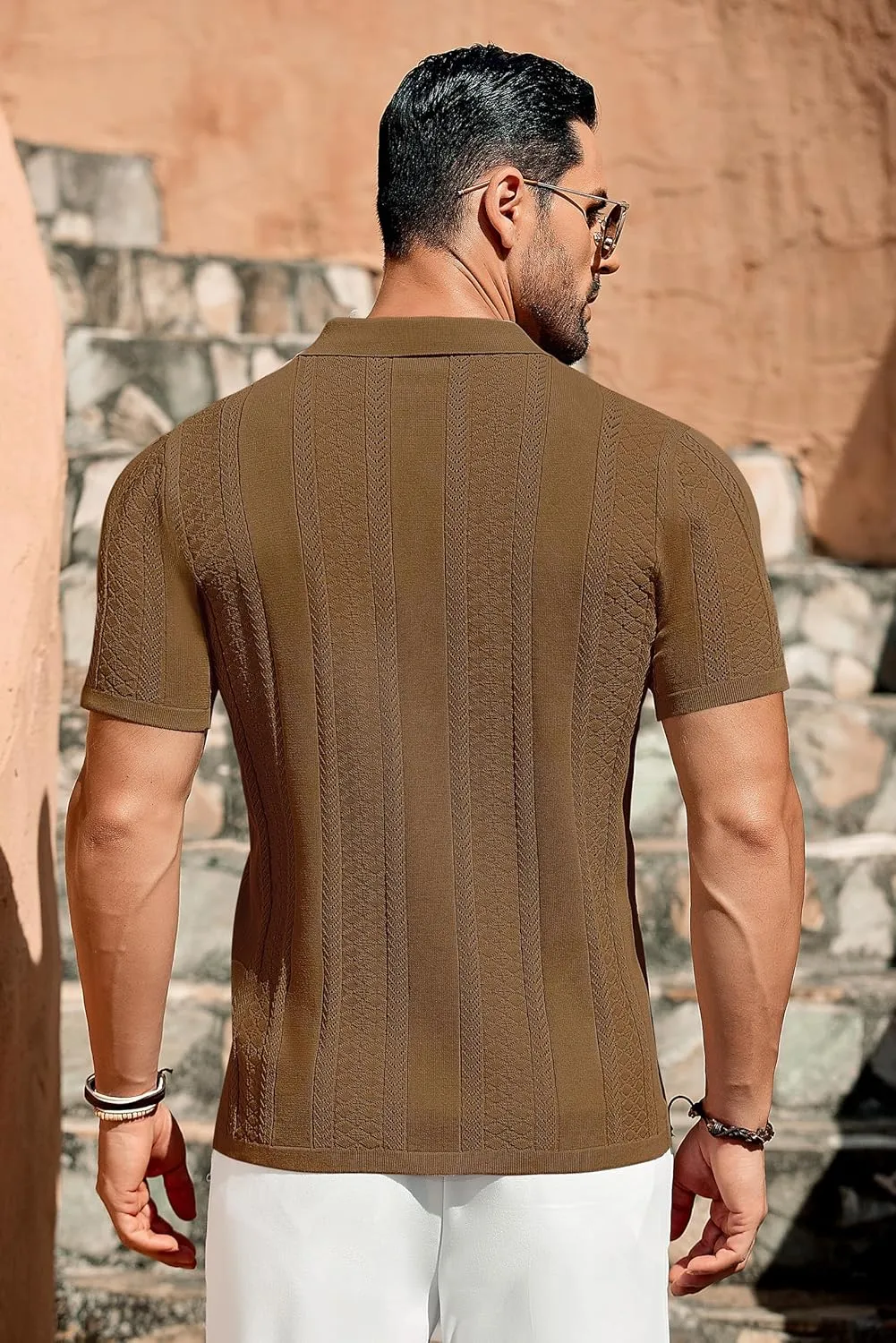 COOFANDY Men's Knit Shirts Vintage Short Sleeve Button Down Shirt Casual Summer Beach Shirt