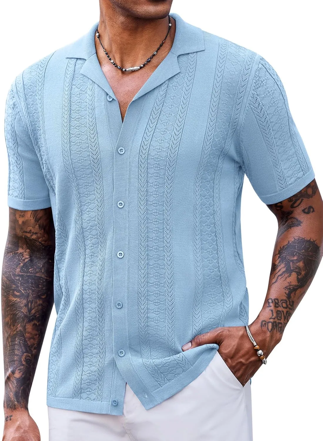 COOFANDY Men's Knit Shirts Vintage Short Sleeve Button Down Shirt Casual Summer Beach Shirt
