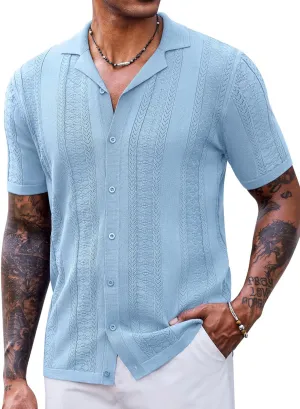 COOFANDY Men's Knit Shirts Vintage Short Sleeve Button Down Shirt Casual Summer Beach Shirt