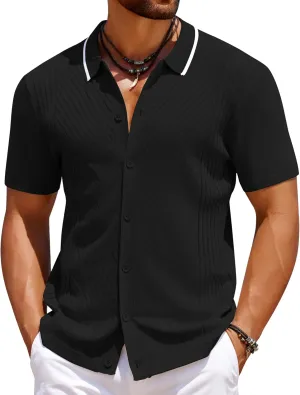 COOFANDY Men's Knit Short Sleeve Button Down Shirt Vintage Polo Shirt Casual Summer Beach Shirts