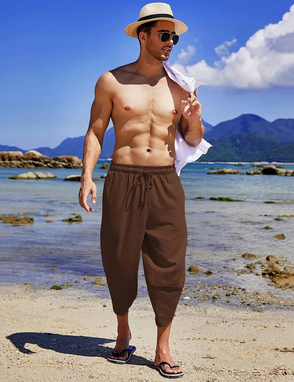 COOFANDY Men's Linen Harem Capri Pants Lightweight Loose 3/4 Shorts Drawstring Elastic Waist Casual Beach Boho Yoga Trousers