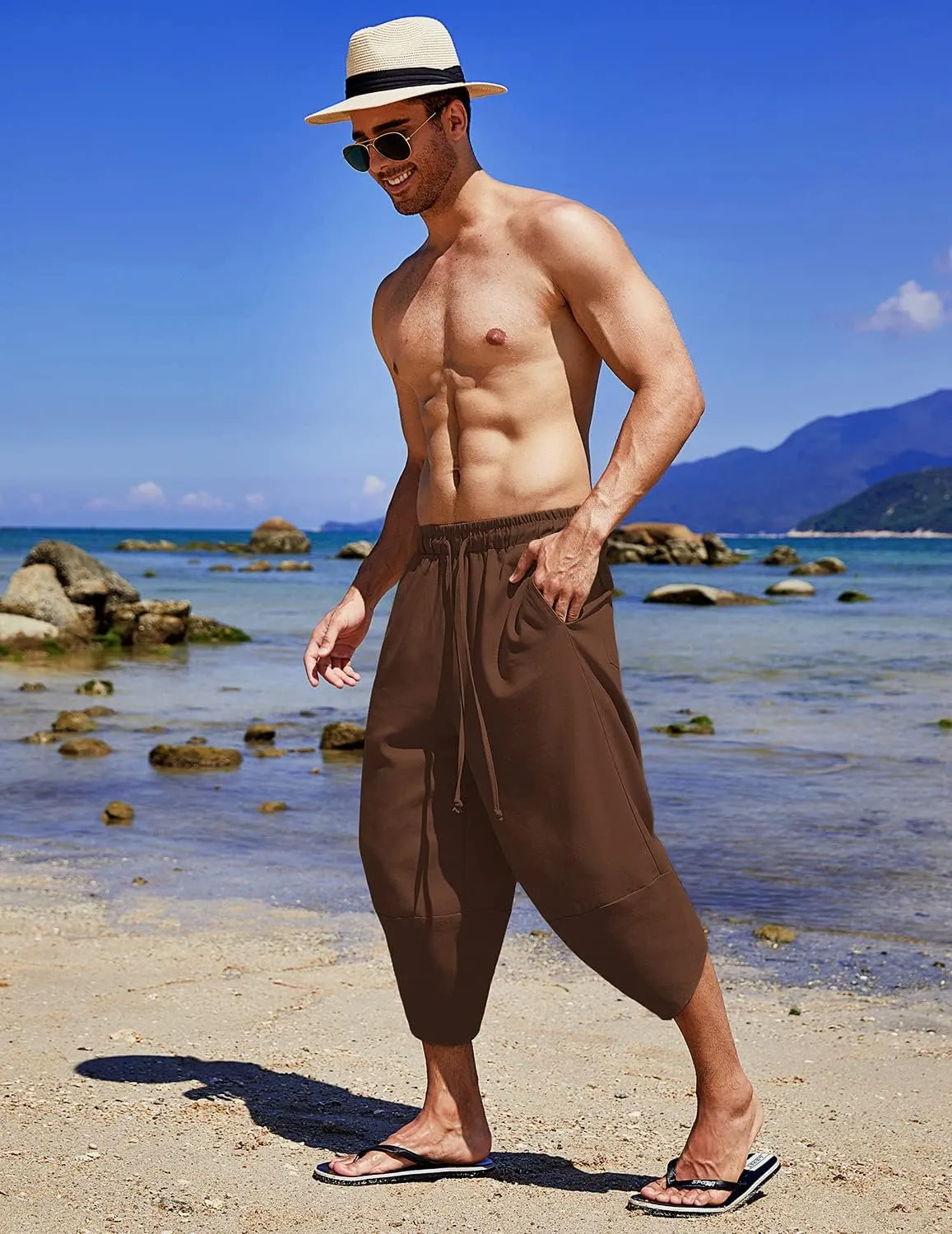 COOFANDY Men's Linen Harem Capri Pants Lightweight Loose 3/4 Shorts Drawstring Elastic Waist Casual Beach Boho Yoga Trousers