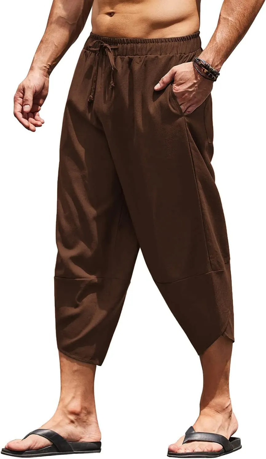 COOFANDY Men's Linen Harem Capri Pants Lightweight Loose 3/4 Shorts Drawstring Elastic Waist Casual Beach Boho Yoga Trousers