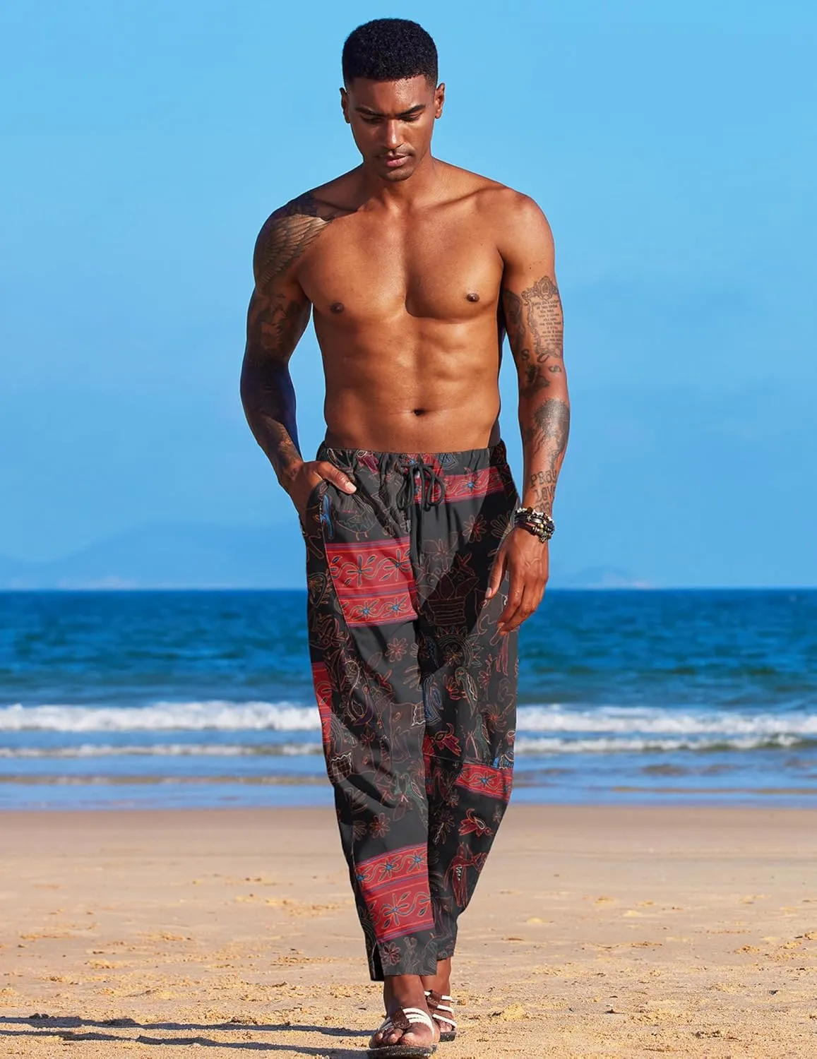 COOFANDY Men's Linen Harem Drawstring Pants Casual Elastic Waist Lightweight Trouser Hippie Summer Beach Yoga Pants