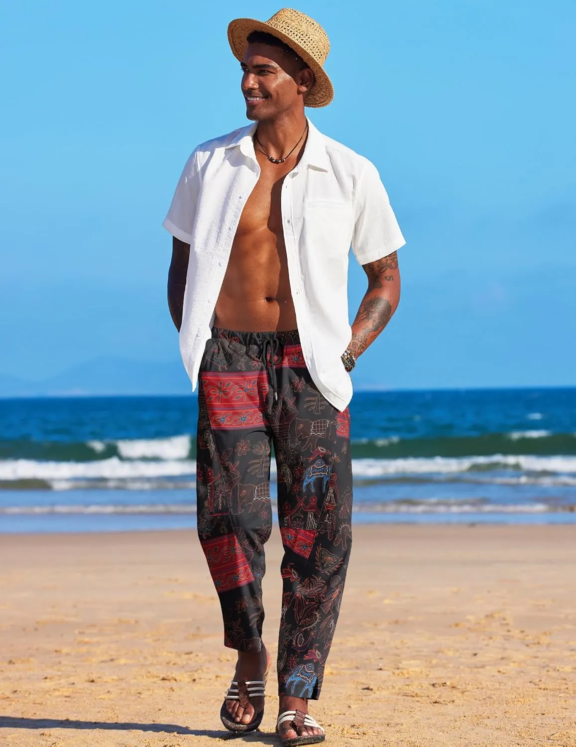 COOFANDY Men's Linen Harem Drawstring Pants Casual Elastic Waist Lightweight Trouser Hippie Summer Beach Yoga Pants
