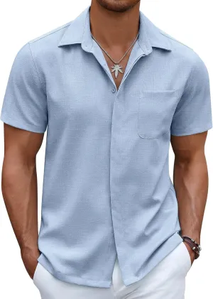 COOFANDY Mens Linen Shirt Casual Short Sleeve Button Down Shirt Summer Beach Vacation Wedding Wear