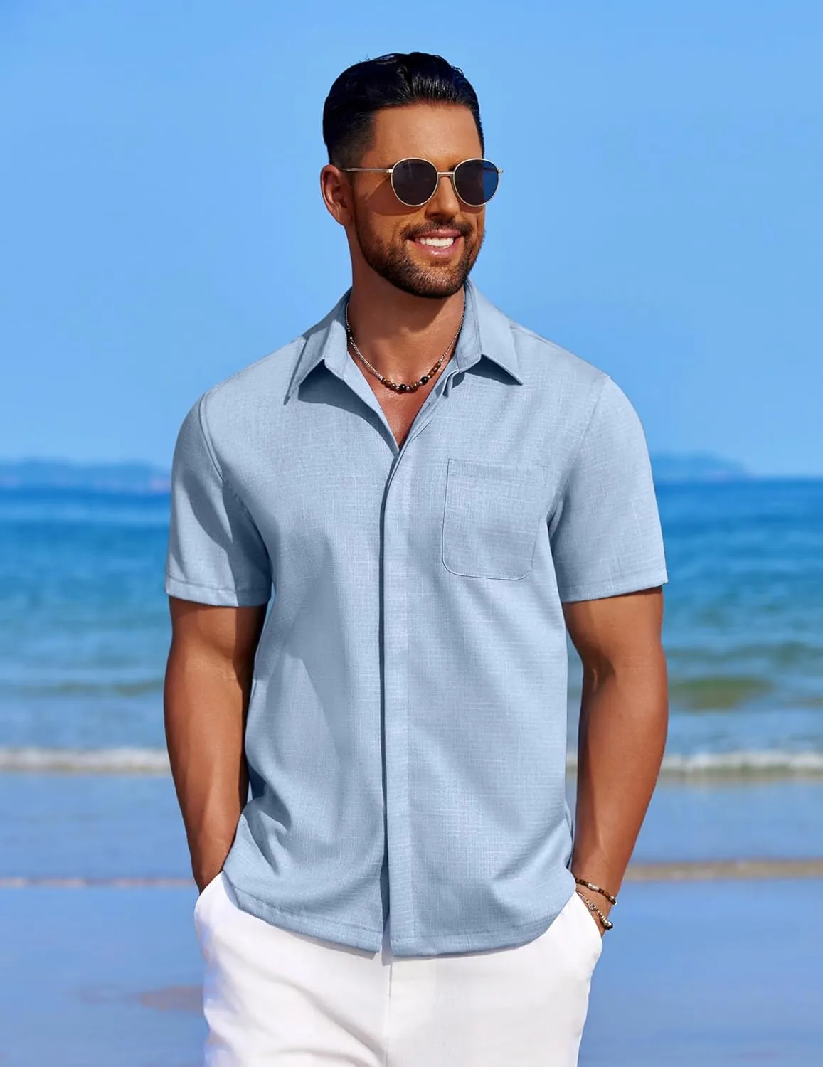 COOFANDY Mens Linen Shirt Casual Short Sleeve Button Down Shirt Summer Beach Vacation Wedding Wear
