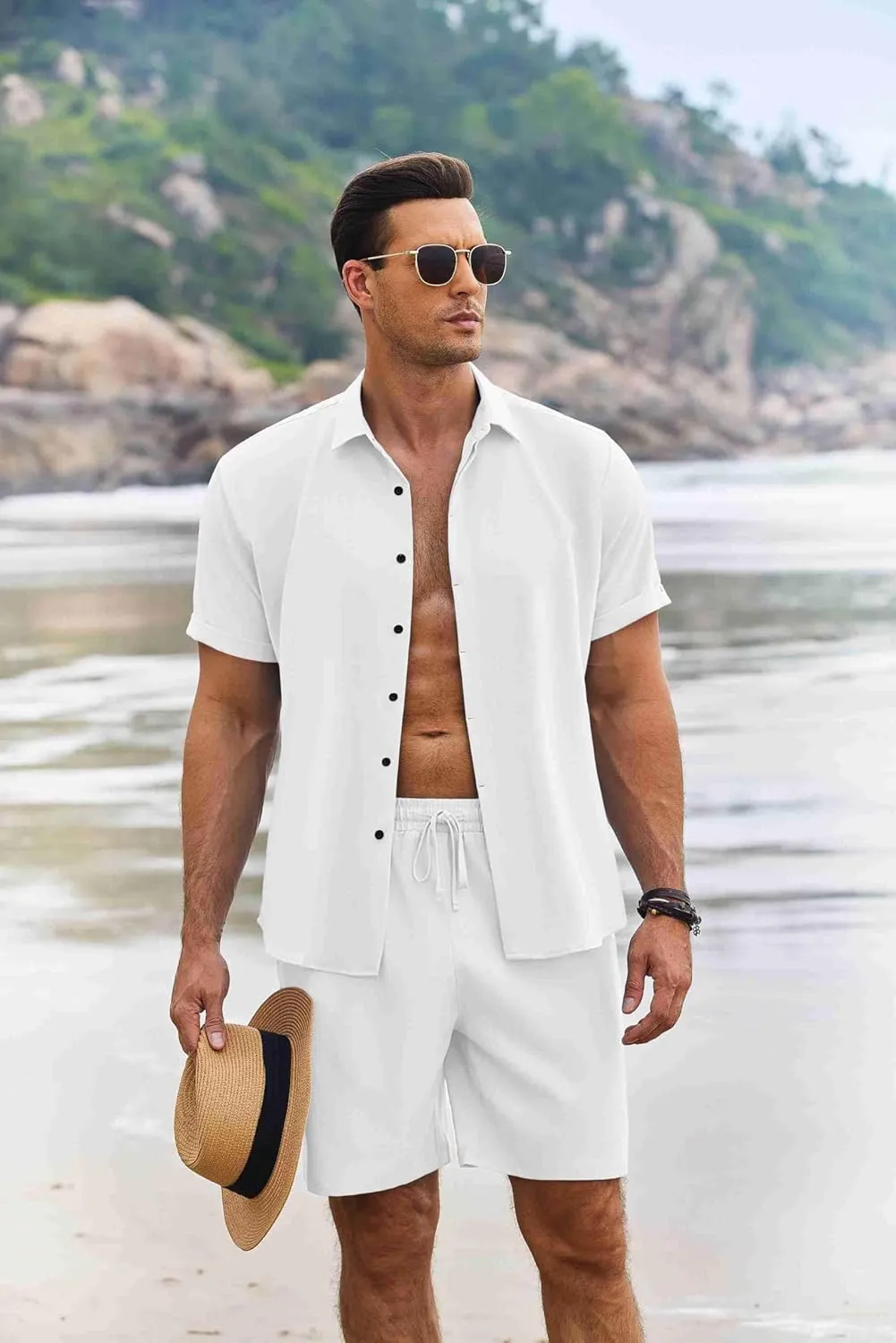 COOFANDY Men's Summer Beach Outfits 2 Piece Short Sleeve Shirts and Shorts Vacation Texture Linen Sets for Men