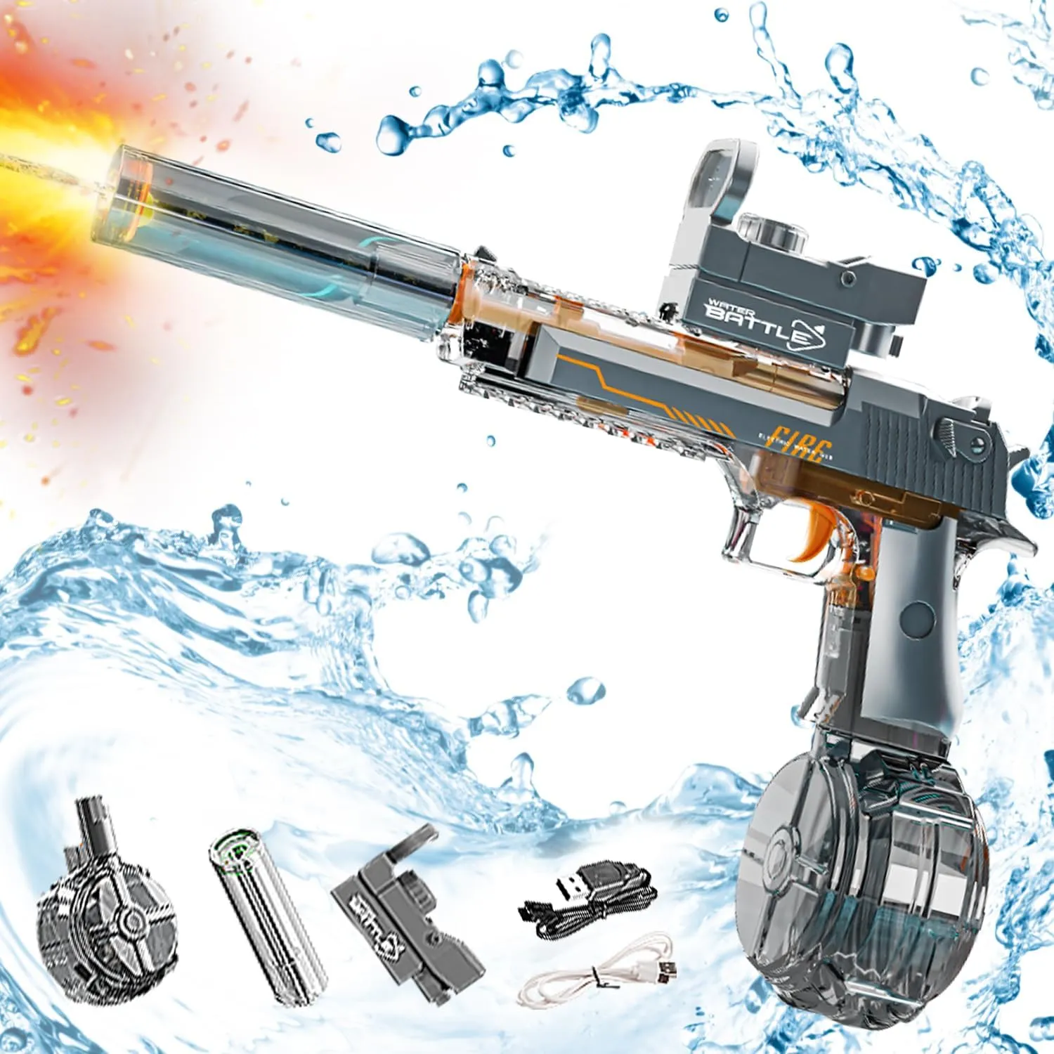 Cool Muzzle Flame Electric Water Gun Toy for Kids Adults, Dual Mode Continuous Shooting Squirt Gun Up to 32 FT High Capacity Electric Water Guns Summer Beach Pool Toy