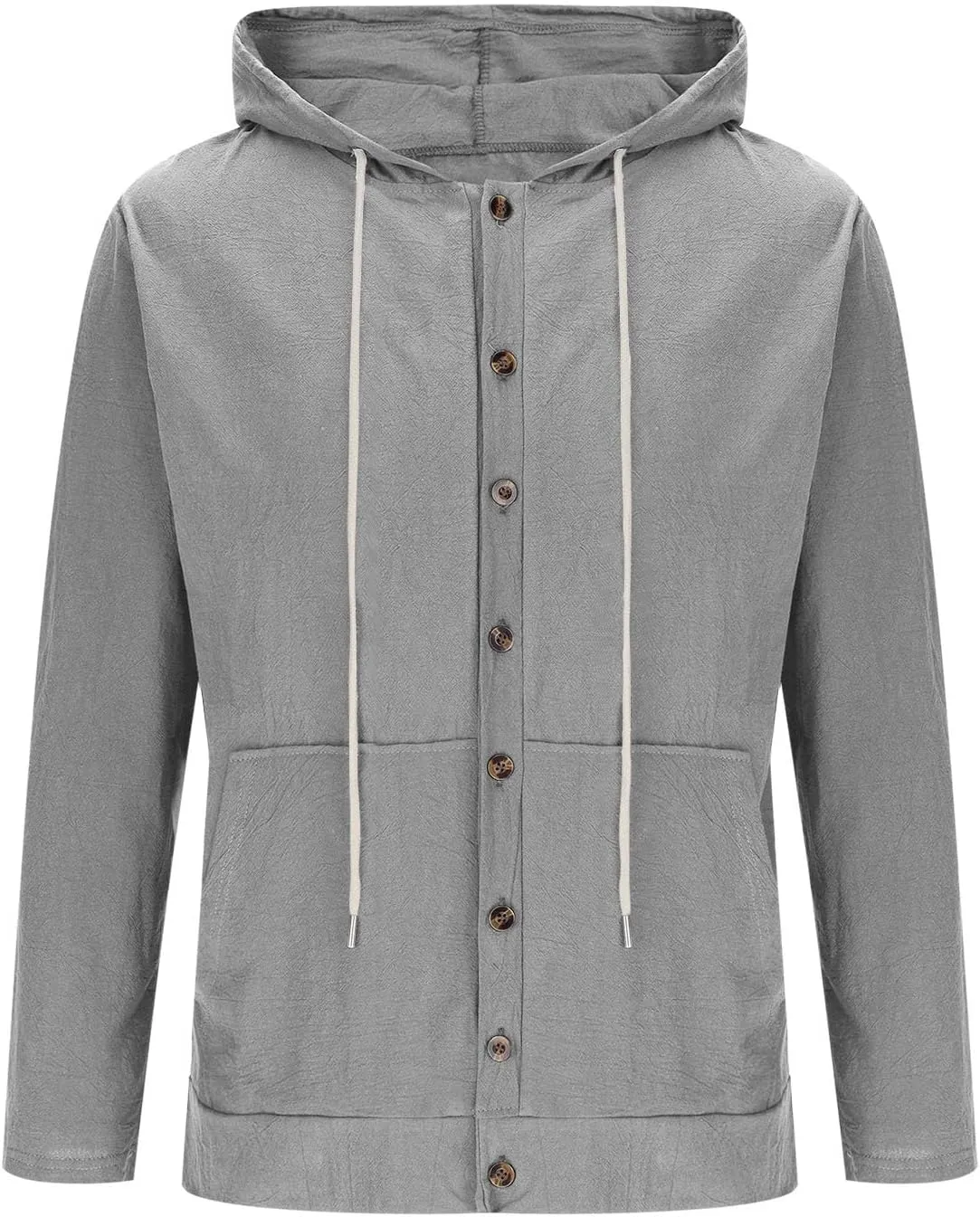 Cotton Hoodie for Mens Long Sleeve Linen Button Down Shirt Drawstring with Pockets Casual Summer Beach Hooded Shirts
