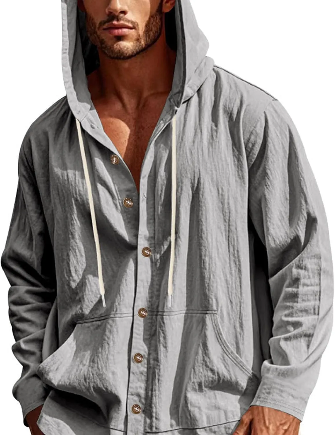 Cotton Hoodie for Mens Long Sleeve Linen Button Down Shirt Drawstring with Pockets Casual Summer Beach Hooded Shirts