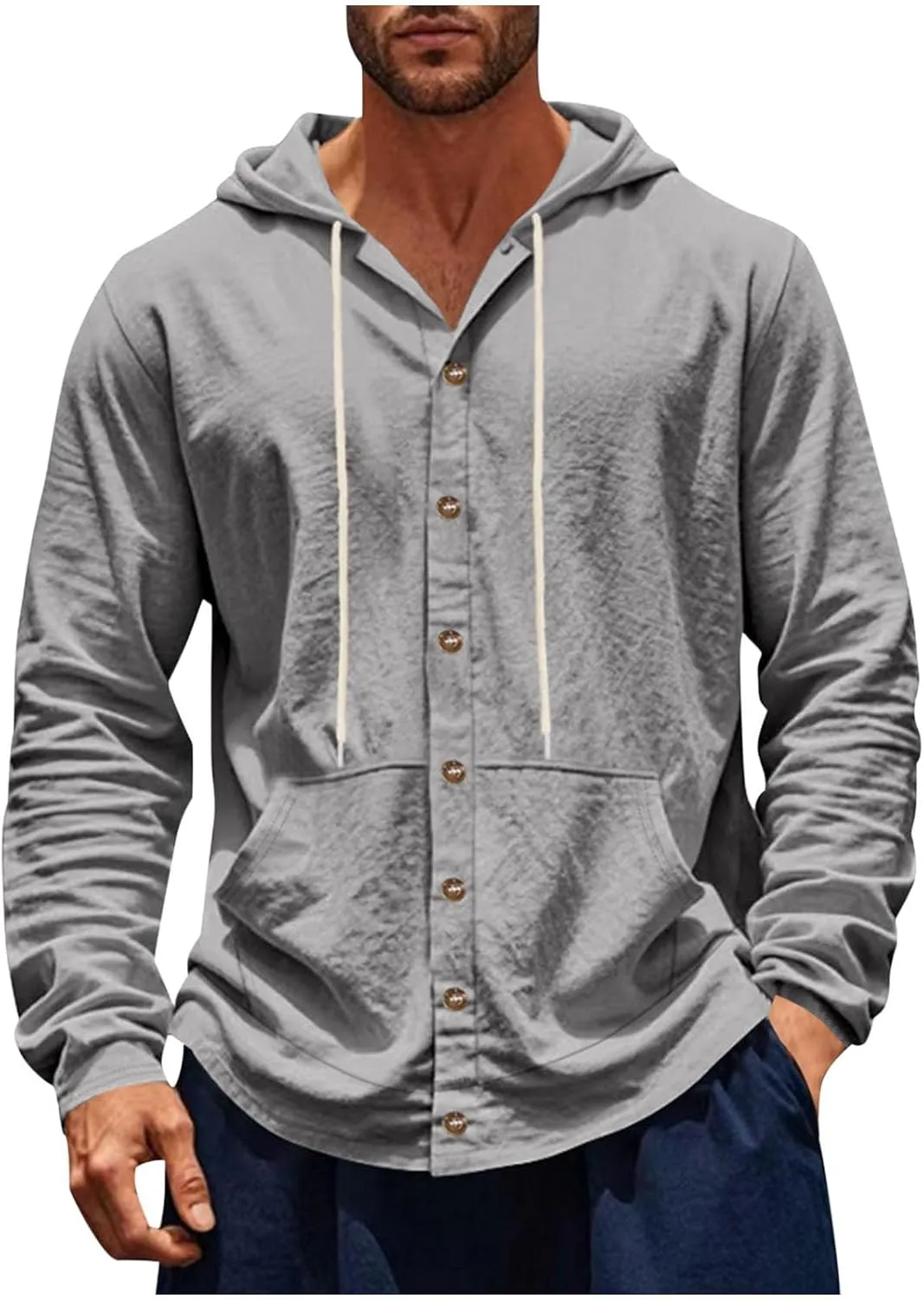 Cotton Hoodie for Mens Long Sleeve Linen Button Down Shirt Drawstring with Pockets Casual Summer Beach Hooded Shirts