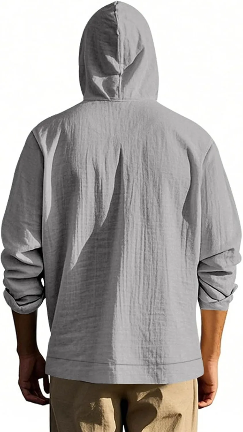 Cotton Hoodie for Mens Long Sleeve Linen Button Down Shirt Drawstring with Pockets Casual Summer Beach Hooded Shirts