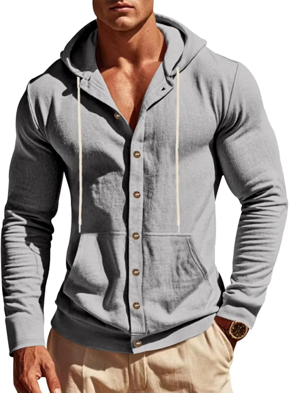 Cotton Hoodie for Mens Long Sleeve Linen Button Down Shirt Drawstring with Pockets Casual Summer Beach Hooded Shirts