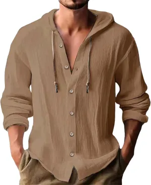 Cotton Hoodie for Mens Long Sleeve Linen Button Down Shirt Summer Casual Hawaiian Beach Tops Lightweight Work Tshirt