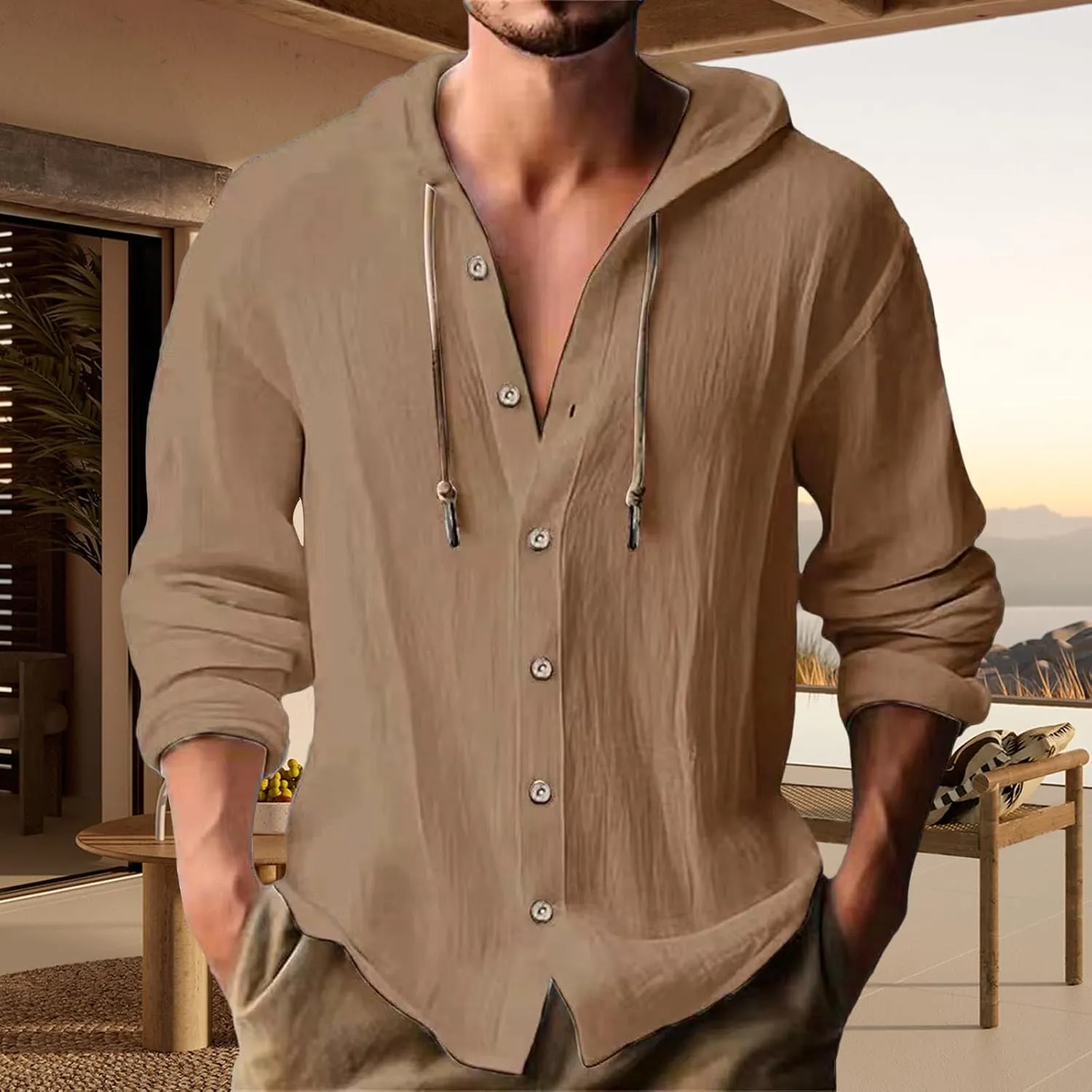 Cotton Hoodie for Mens Long Sleeve Linen Button Down Shirt Summer Casual Hawaiian Beach Tops Lightweight Work Tshirt