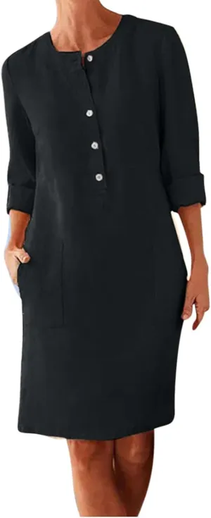 Cotton Linen Dresses for Women 2024 Fall Long Sleeve Solid Button Down Dress Semi Formal Pullover Top Linen Dresses