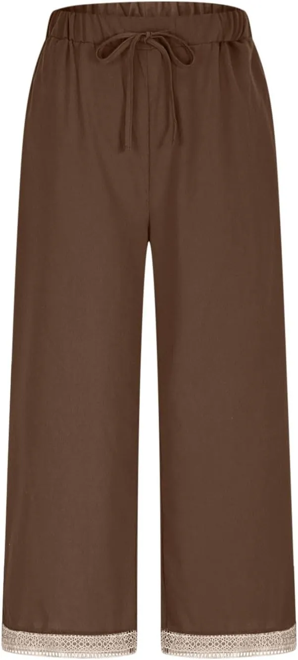 Cotton Linen Pants for Women 2025 Wide Leg Capri Palazzo Lounge Trousers High Waist Drawstring Flowy Pant