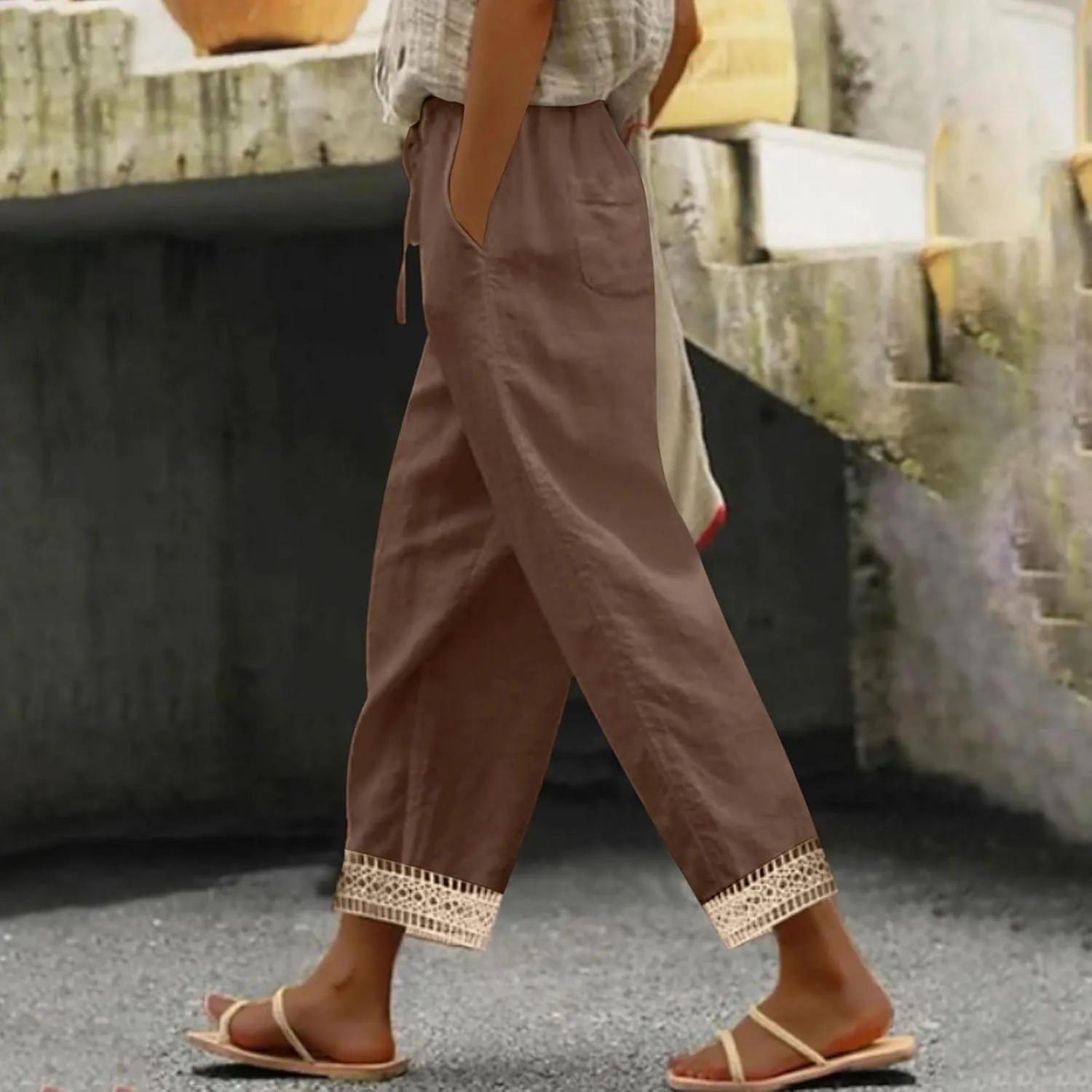 Cotton Linen Pants for Women 2025 Wide Leg Capri Palazzo Lounge Trousers High Waist Drawstring Flowy Pant