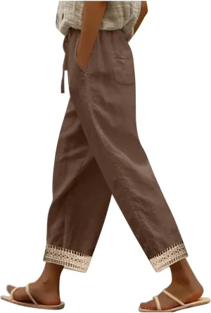 Cotton Linen Pants for Women 2025 Wide Leg Capri Palazzo Lounge Trousers High Waist Drawstring Flowy Pant