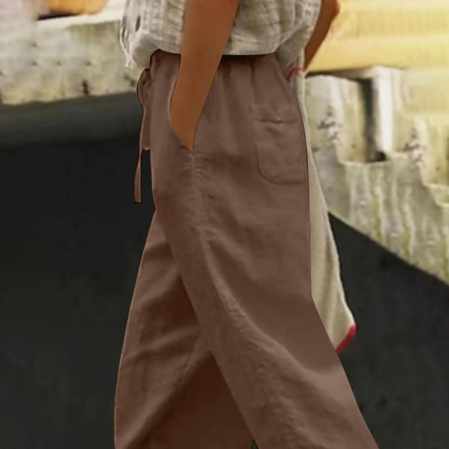Cotton Linen Pants for Women 2025 Wide Leg Capri Palazzo Lounge Trousers High Waist Drawstring Flowy Pant