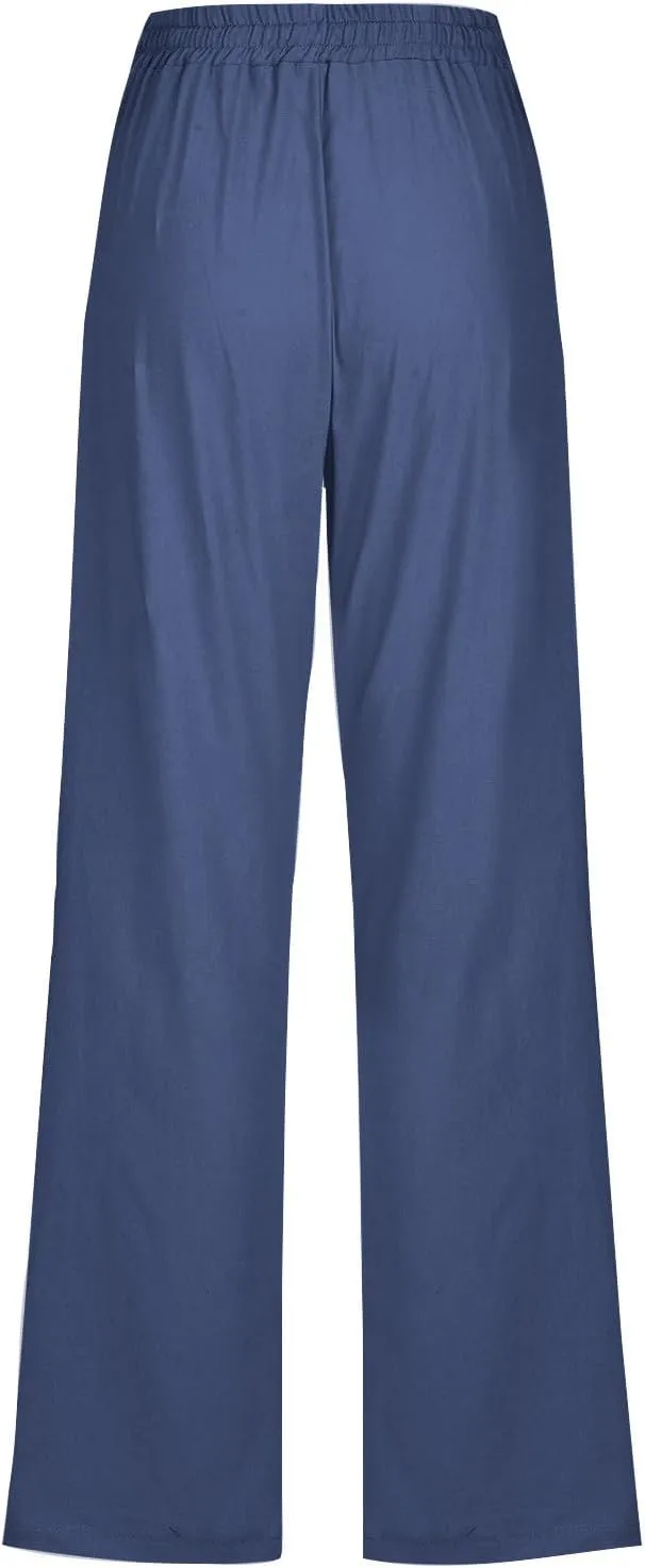 Cotton Linen Pants for Women Dressy Casual High Waisted Drawstring Pant Causal Summer Straight Leg Lounge Trousers