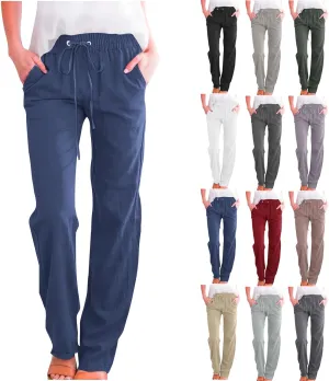 Cotton Linen Pants for Women Dressy Casual High Waisted Drawstring Pant Causal Summer Straight Leg Lounge Trousers