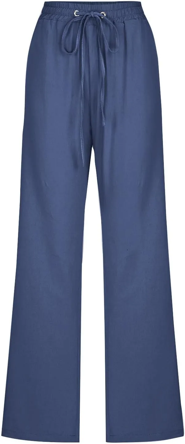Cotton Linen Pants for Women Dressy Casual High Waisted Drawstring Pant Causal Summer Straight Leg Lounge Trousers