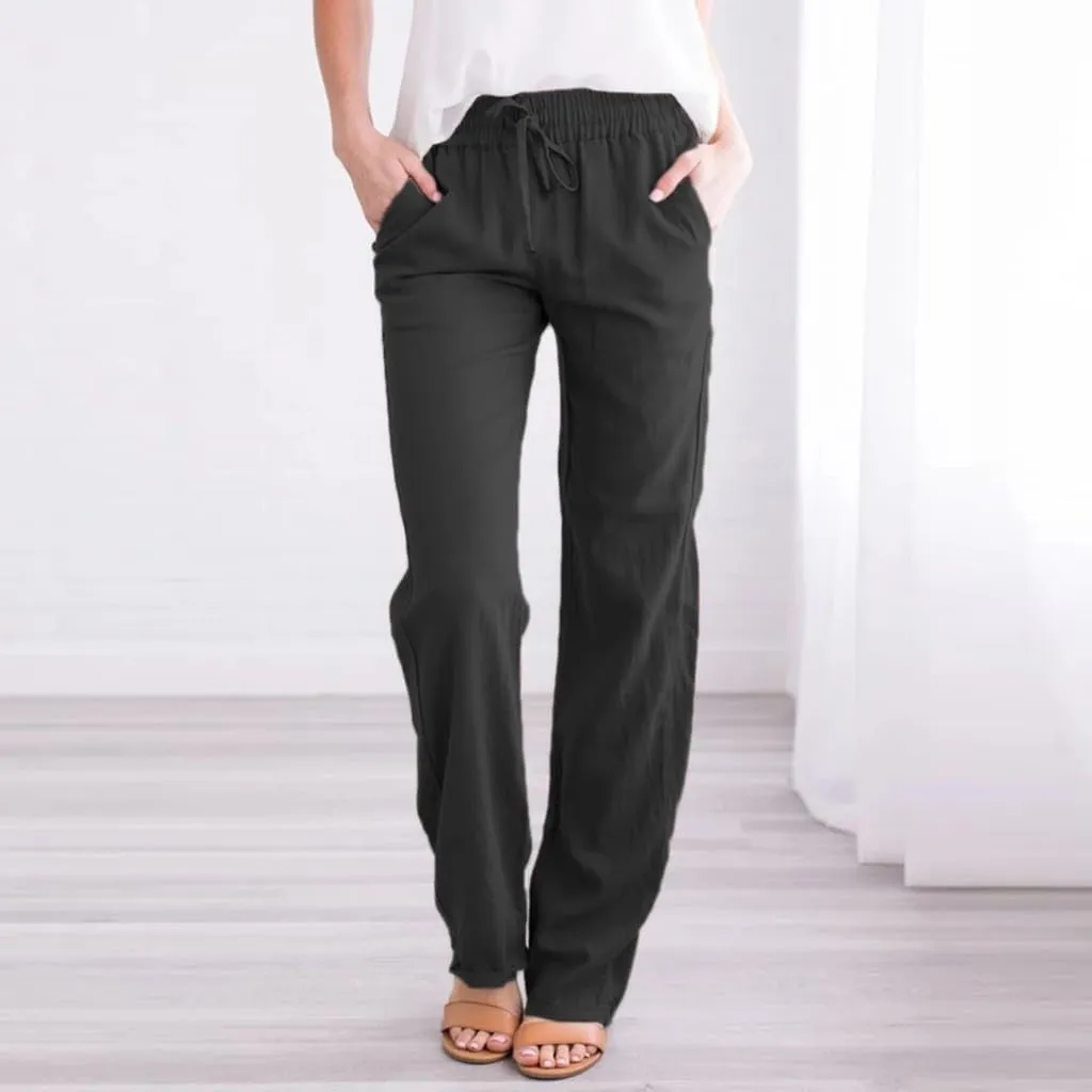 Cotton Linen Pants for Women Printed Capri Pant Plus Size Wide Leg Sweatpants Summer Cropped Elastic Waist Trousers
