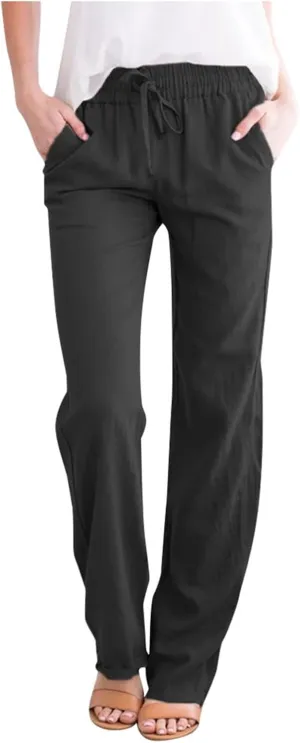 Cotton Linen Pants for Women Printed Capri Pant Plus Size Wide Leg Sweatpants Summer Cropped Elastic Waist Trousers