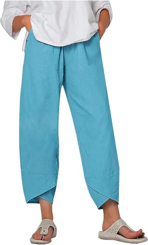 Cotton Linen Pants for Women Summer Casual Capri Pants Waist Elastic Comfy Loose Women's Palazzo Trousers with Pockets
