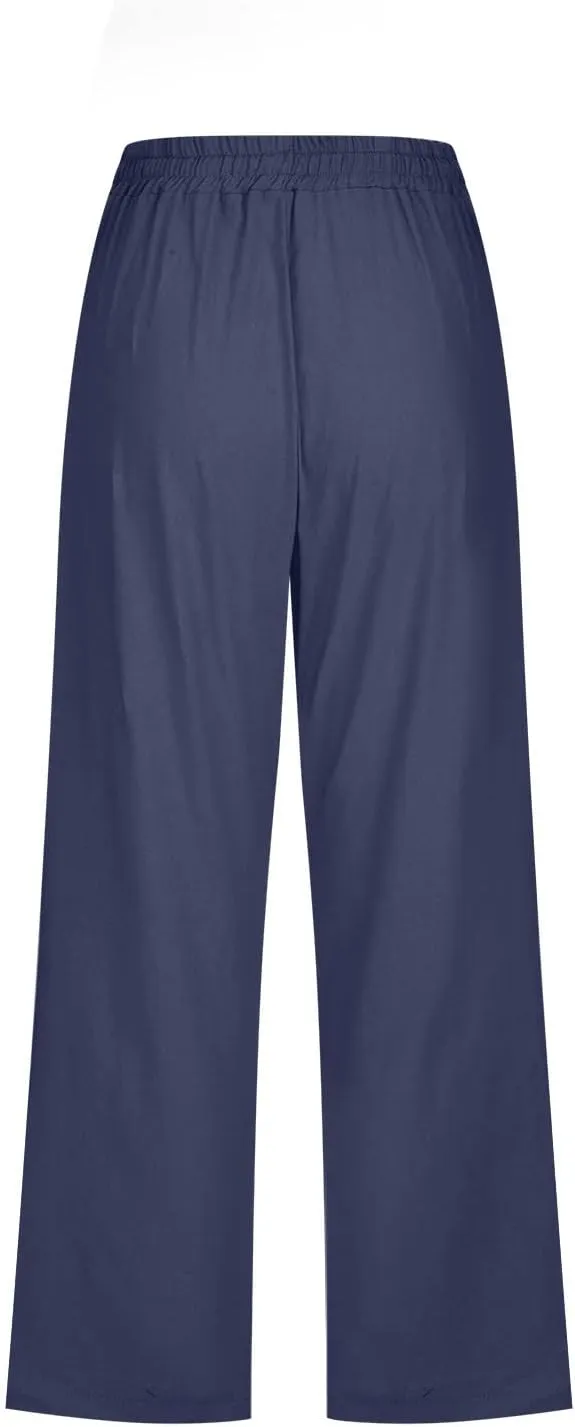Cotton Linen Pants for Women Trendy 2024 High Waist Drawstring Cropped Pant Trousers Casual Summer Wide Leg Capris