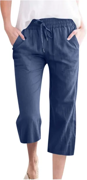 Cotton Linen Pants for Women Trendy 2024 High Waist Drawstring Cropped Pant Trousers Casual Summer Wide Leg Capris