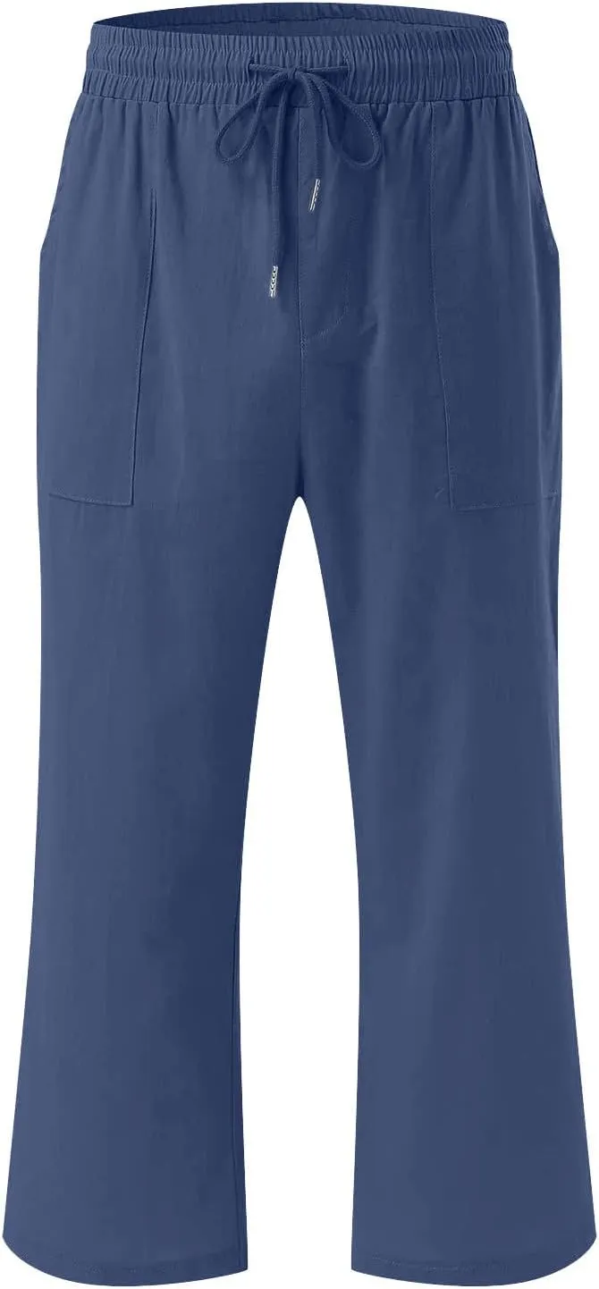 Cotton Linen Pants for Women Trendy 2024 High Waist Drawstring Cropped Pant Trousers Casual Summer Wide Leg Capris