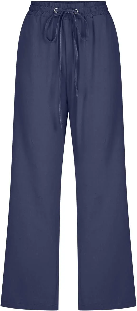 Cotton Linen Pants for Women Trendy 2024 High Waist Drawstring Cropped Pant Trousers Casual Summer Wide Leg Capris