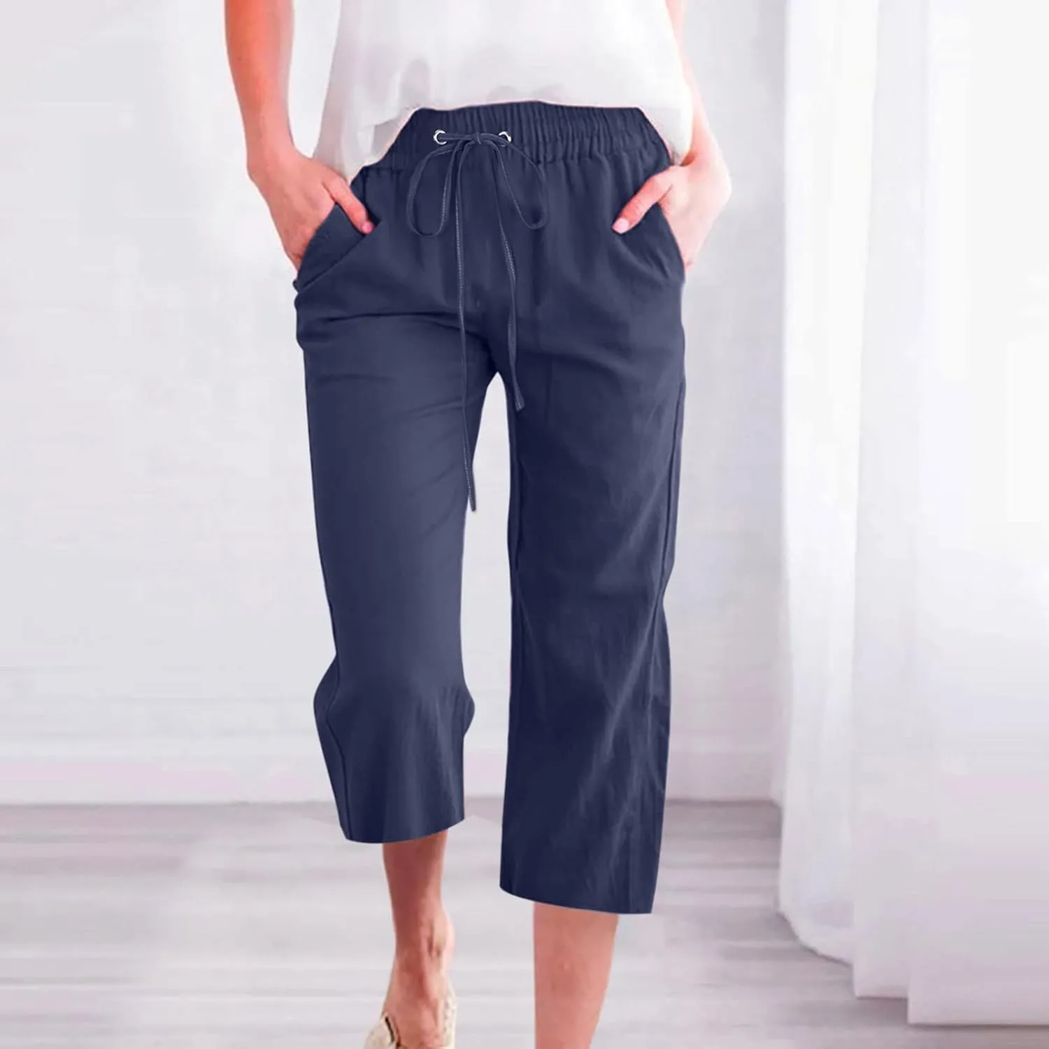 Cotton Linen Pants for Women Trendy 2024 High Waist Drawstring Cropped Pant Trousers Casual Summer Wide Leg Capris