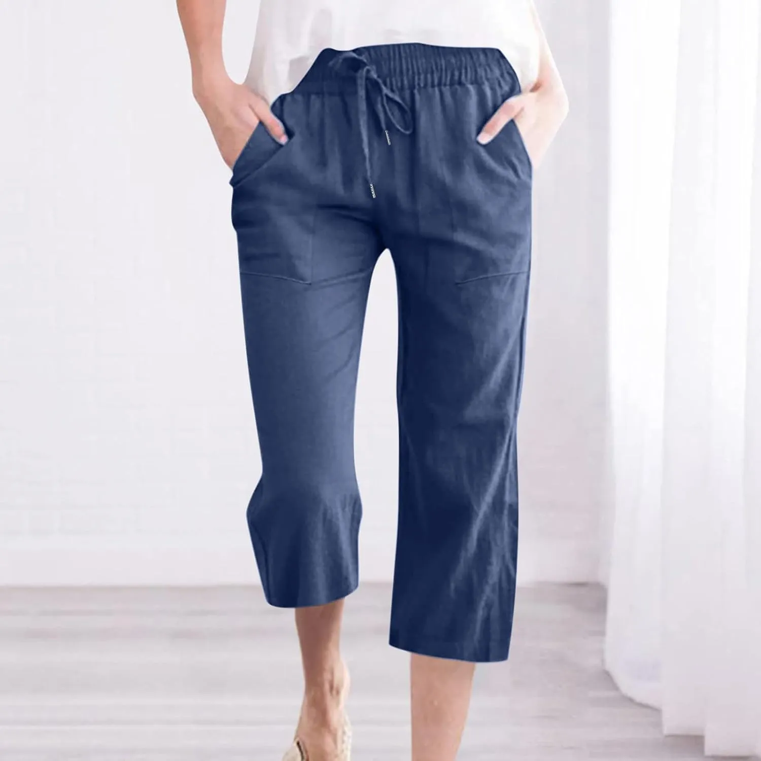 Cotton Linen Pants for Women Trendy 2024 High Waist Drawstring Cropped Pant Trousers Casual Summer Wide Leg Capris