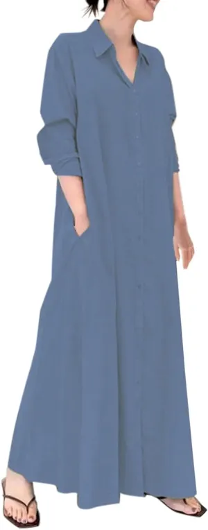 Cotton Linen Shirt Dresses for Women 2024 Casual Long Sleeve Button Down Maxi Dress Lapel Outdoor Swing Sundress