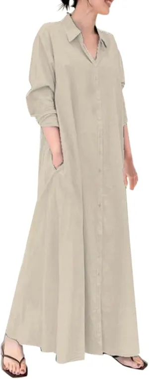 Cotton Linen Shirt Dresses for Women 2024 Casual Long Sleeve Button Down Maxi Dress Lapel Outdoor Swing Sundress