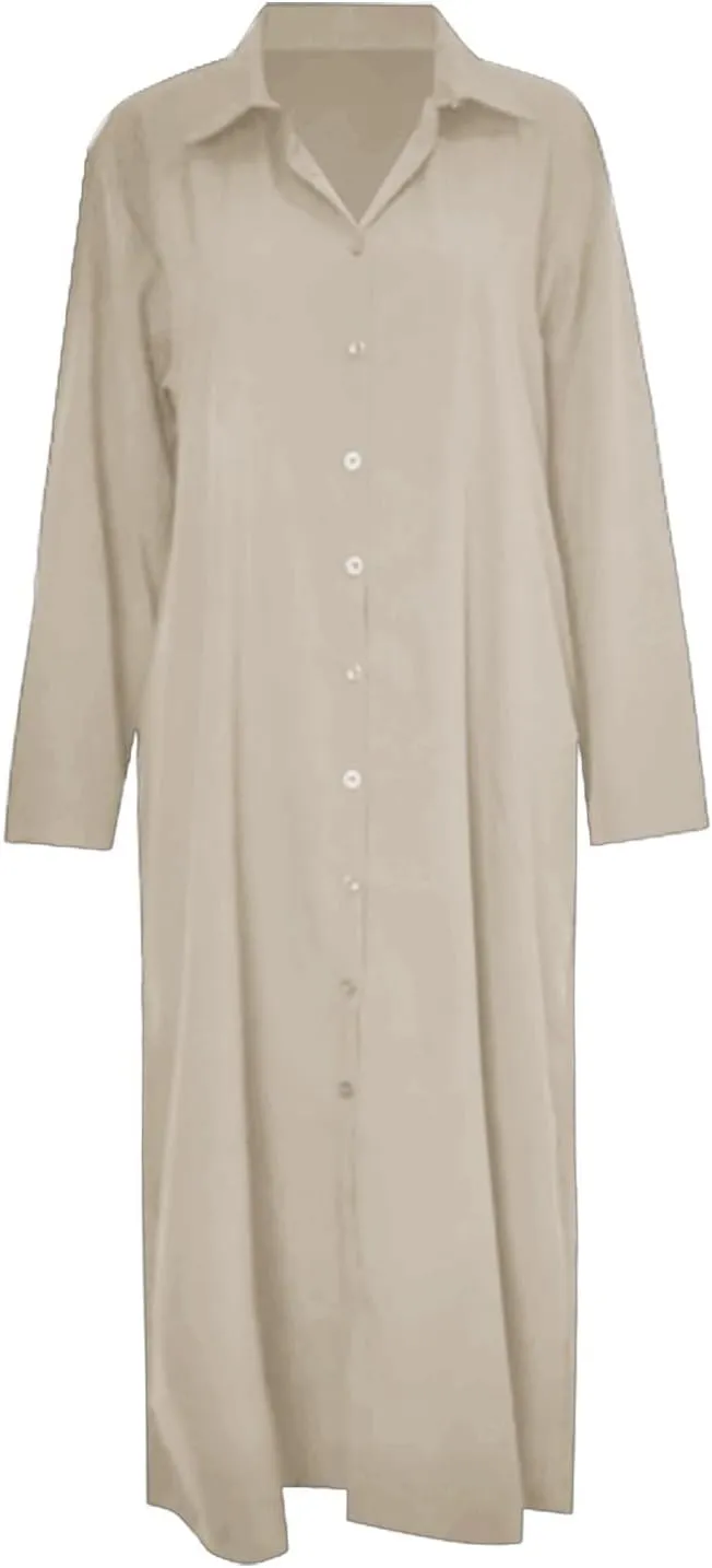 Cotton Linen Shirt Dresses for Women 2024 Casual Long Sleeve Button Down Maxi Dress Lapel Outdoor Swing Sundress